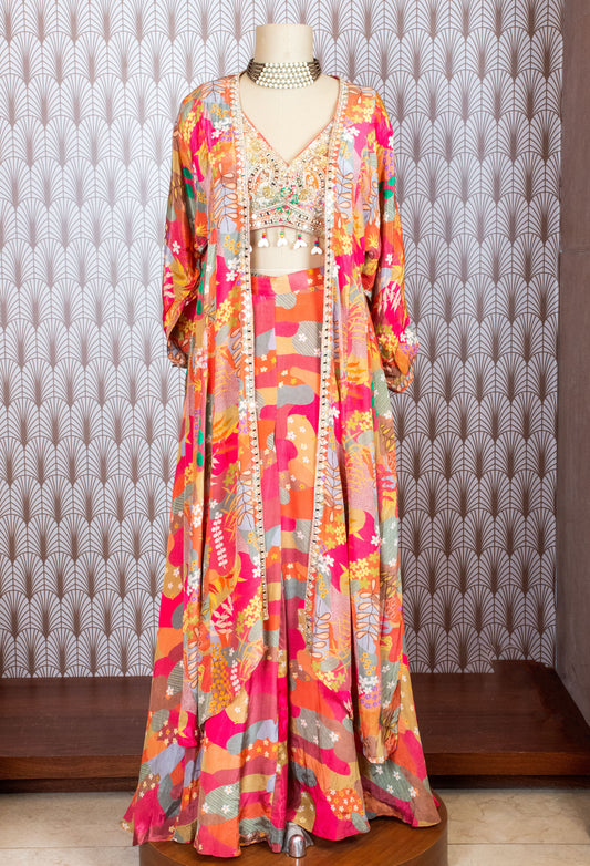 Multicolor printed cape lehenga set for festive and mehendi wear – alternate view 2