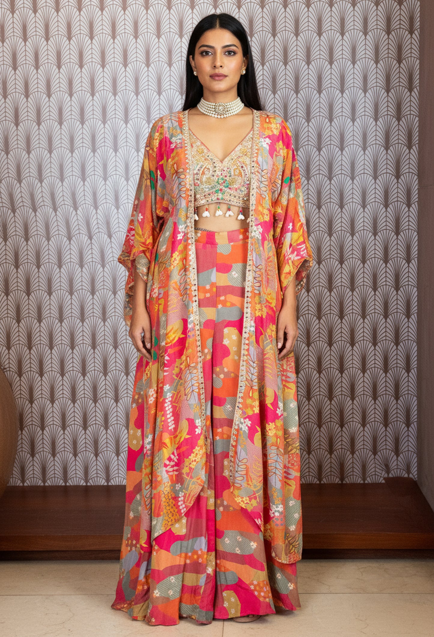 Multicolor Printed Cape Lehenga Set for Women – Vibrant Festive & Mehndi Wear