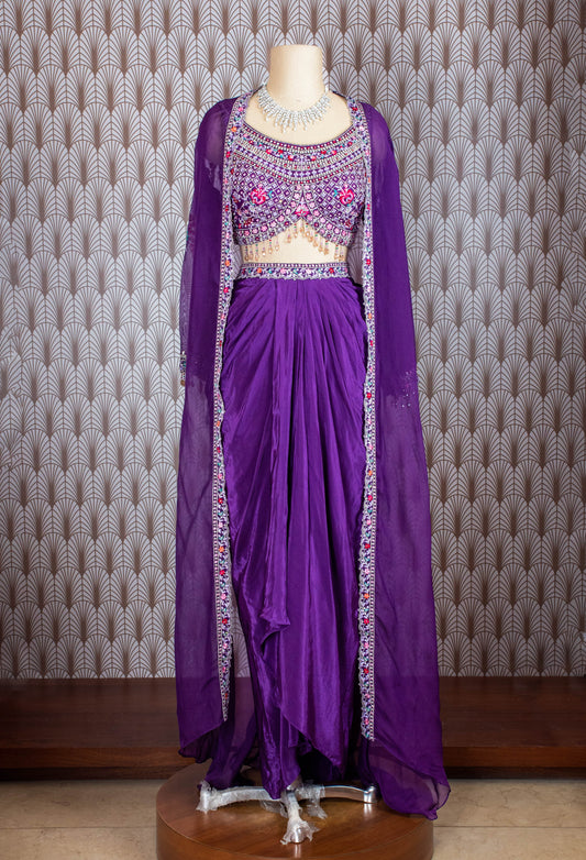 Purple embroidered Indo-Western lehenga set with cape dupatta – alternate view 2