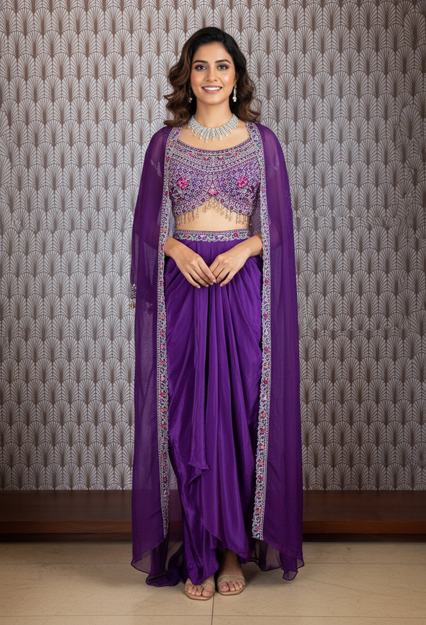Purple Embroidered Indo-Western Lehenga Set with Cape Dupatta – Stylish Festive & Partywear for Women