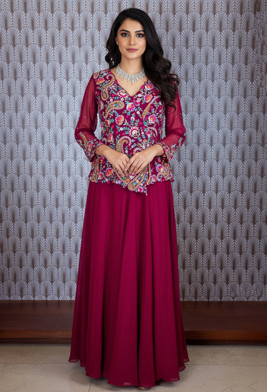 Elegant Magenta Embroidered Ethnic Set with Sheer Sleeves & Palazzo Pants