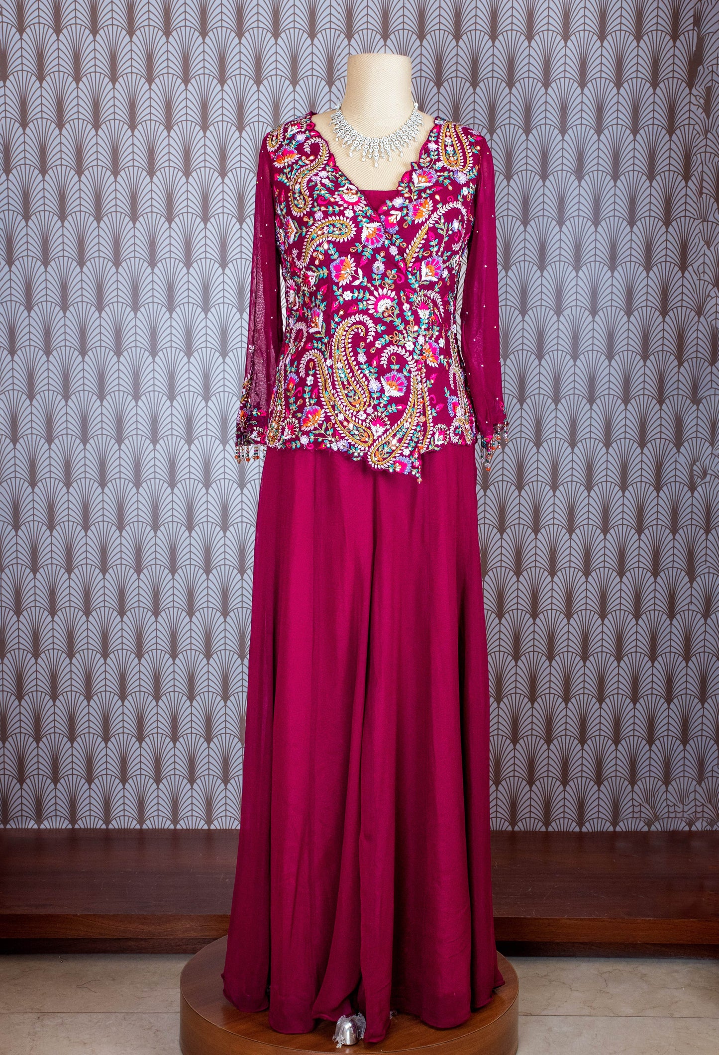 Elegant Magenta Embroidered Ethnic Set with Sheer Sleeves & Palazzo Pants