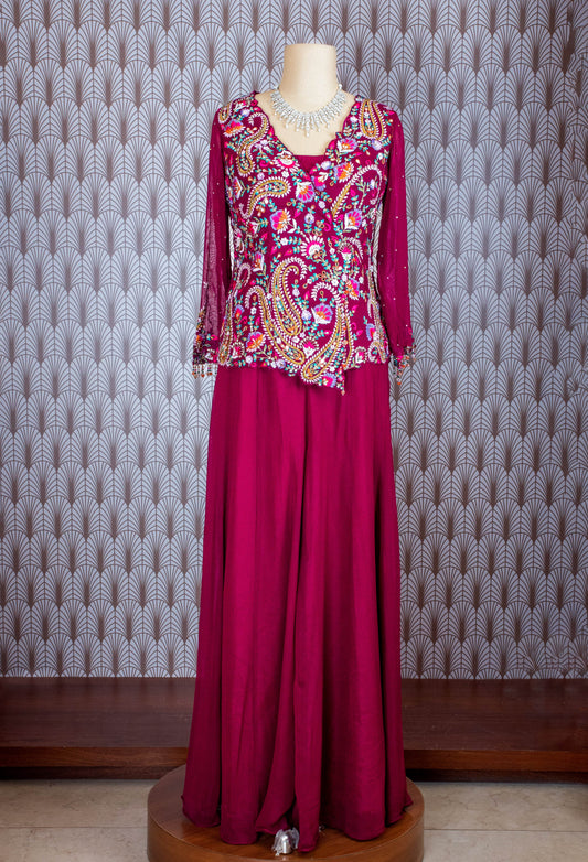 Magenta embroidered ethnic top with sheer sleeves and palazzo pants – product image 2