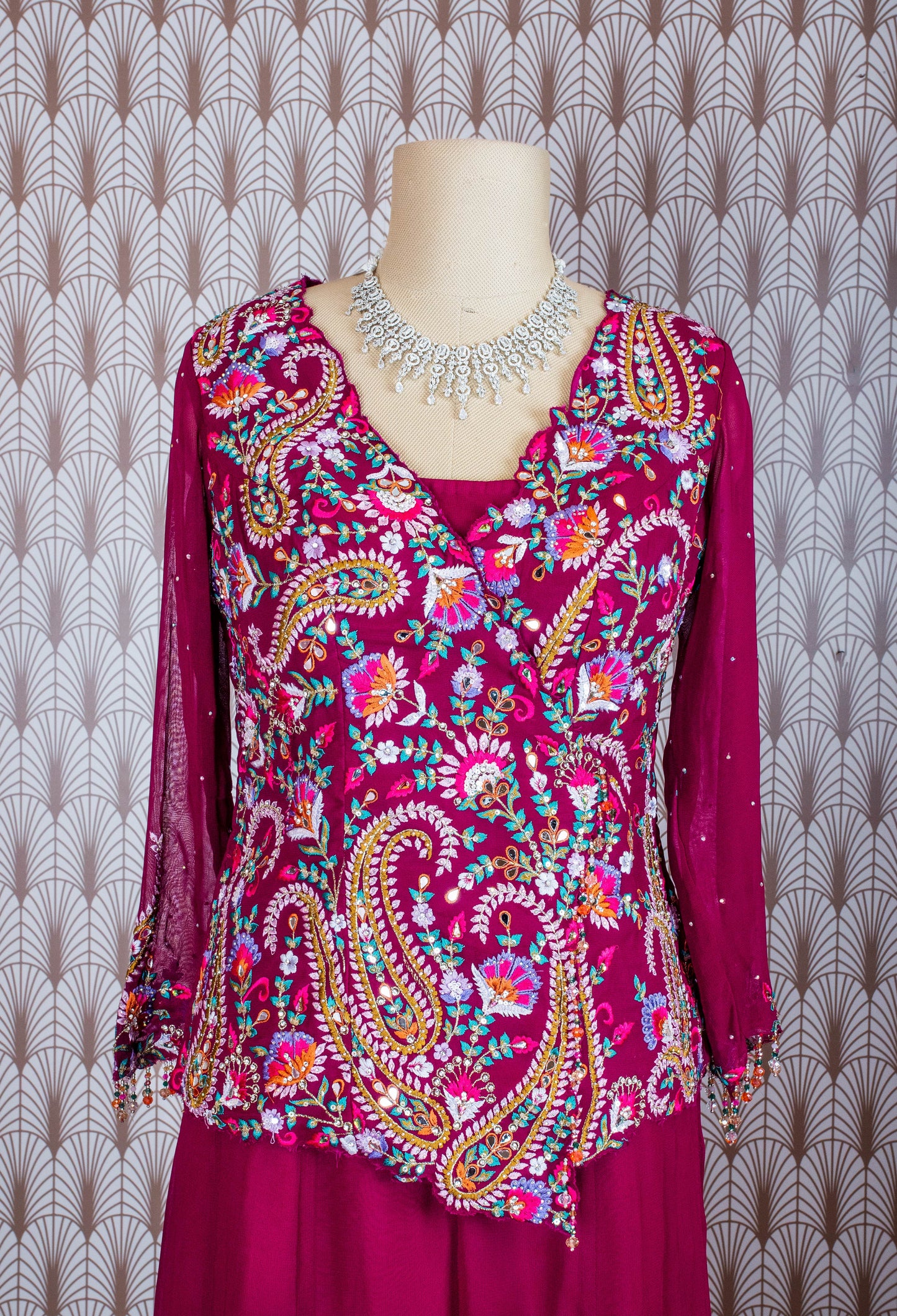 Elegant Magenta Embroidered Ethnic Set with Sheer Sleeves & Palazzo Pants