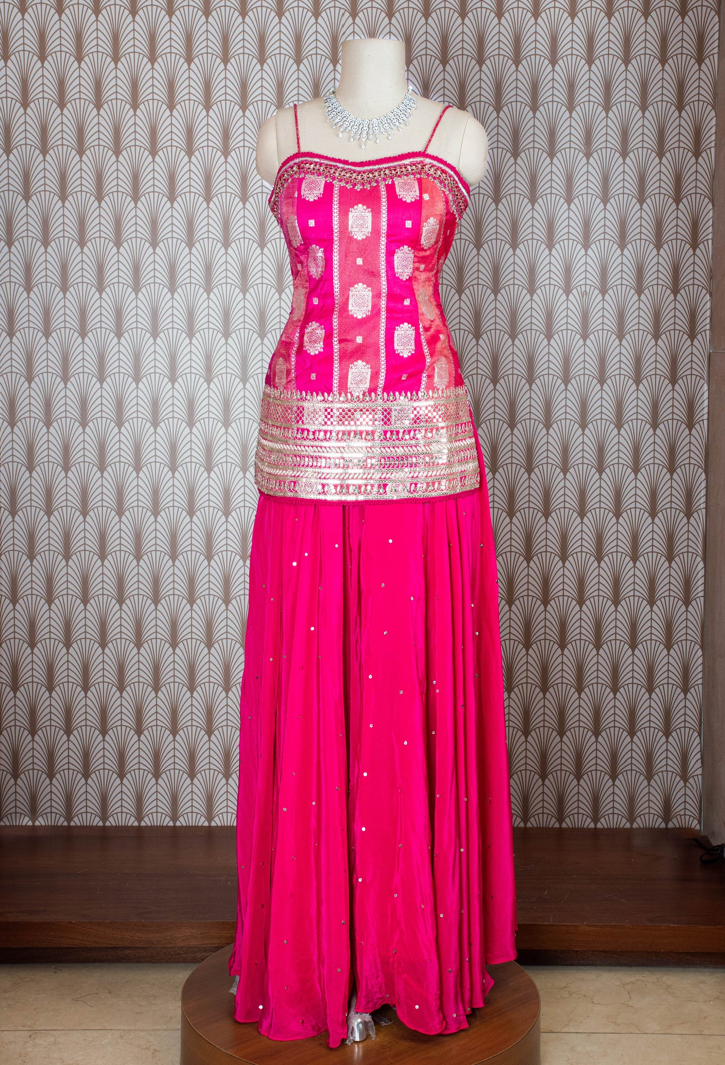 Hot Pink Embroidered Indo-Western Lehenga Set with Strappy Blouse – Trendy Partywear for Wome