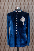 Men's Royal Blue Velvet Suit with Embroidered Collar & Brooch – Wedding & Festive Tuxedo-Style Indo-Western Suit