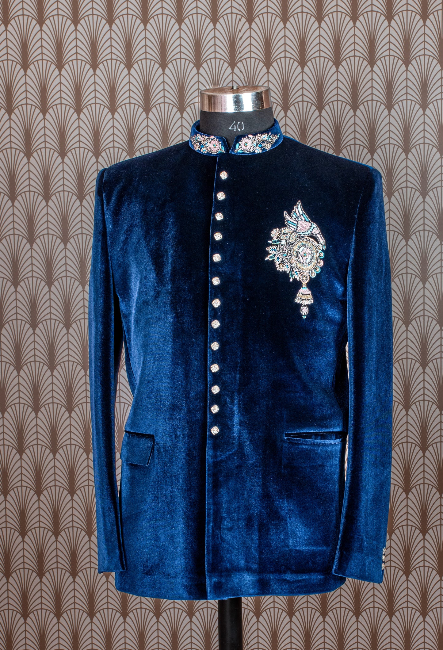 Men's Royal Blue Velvet Suit with Embroidered Collar & Brooch – Wedding & Festive Tuxedo-Style Indo-Western Suit