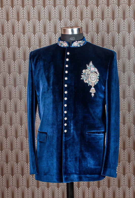 Men's Royal Blue Velvet Suit with Embroidered Collar & Brooch – Wedding & Festive Tuxedo-Style Indo-Western Suit