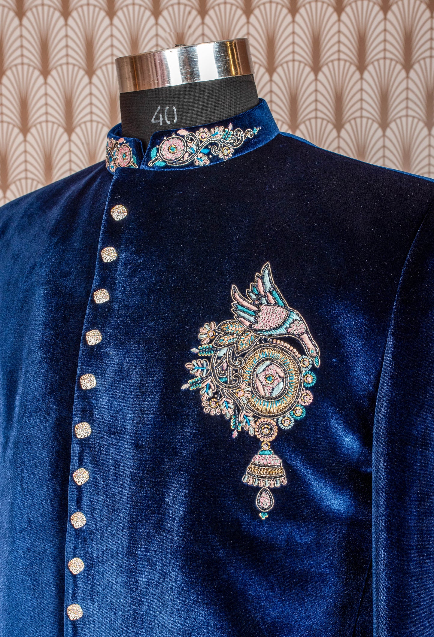 Men's Royal Blue Velvet Suit with Embroidered Collar & Brooch – Wedding & Festive Tuxedo-Style Indo-Western Suit