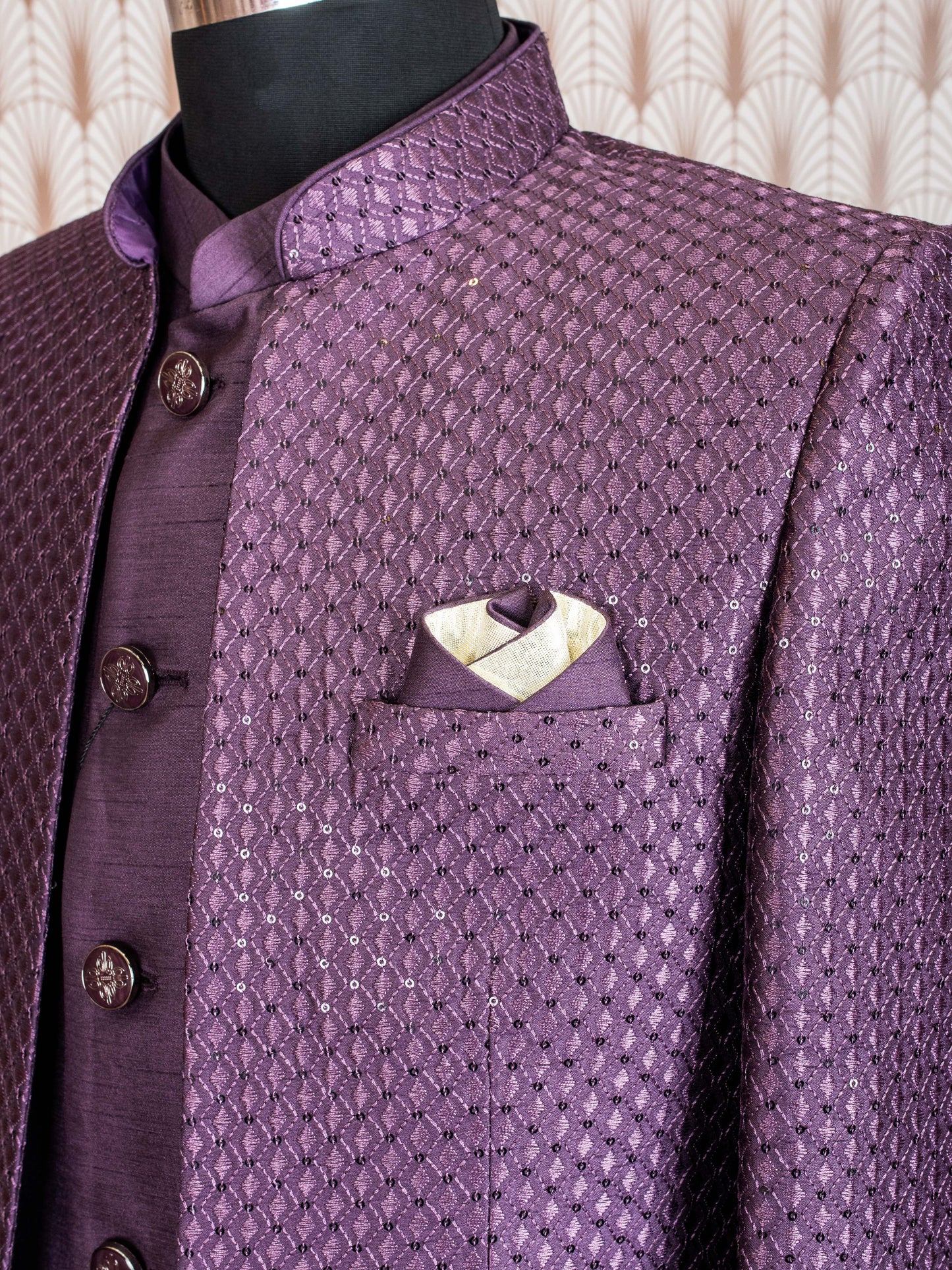 Elegant Purple Men's Formal Suit with Embroidered Jacket & Matching Inner | Stylish Party & Wedding Wear