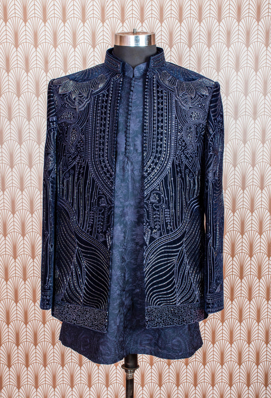 Elegant Navy Blue Embroidered Velvet Sherwani Jacket for Men – Luxurious Traditional Wear