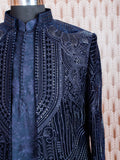 Elegant Navy Blue Embroidered Velvet Sherwani Jacket for Men – Luxurious Traditional Wear