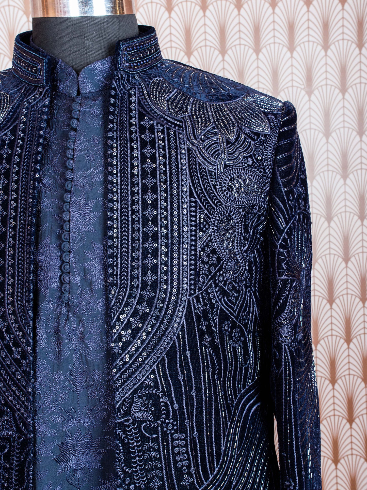 Elegant Navy Blue Embroidered Velvet Sherwani Jacket for Men – Luxurious Traditional Wear