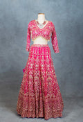 Hot Pink Heavily Embroidered Crop Top Lehenga Set with Mirror & Zari Work – Bridal & Festive Wear