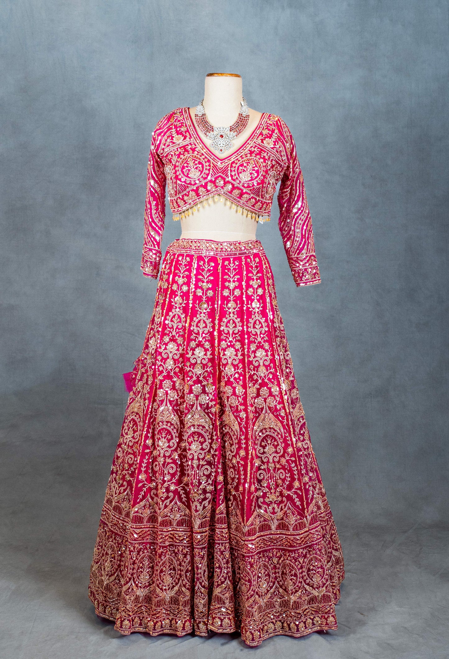 Hot Pink Heavily Embroidered Crop Top Lehenga Set with Mirror & Zari Work – Bridal & Festive Wear