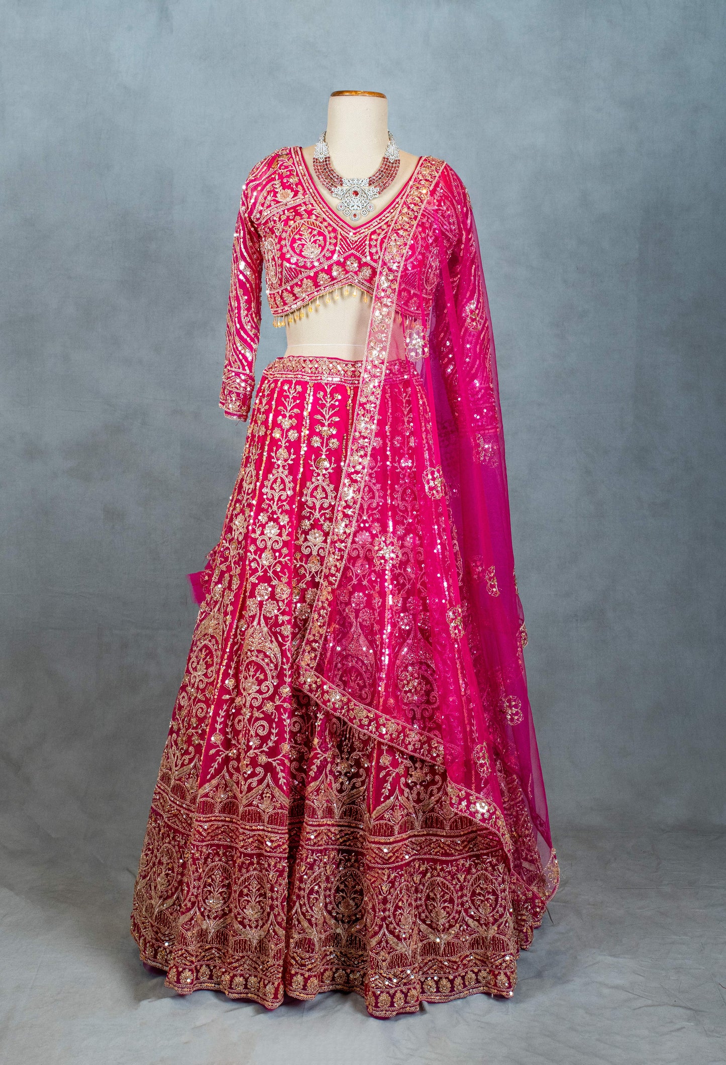 Hot Pink Heavily Embroidered Crop Top Lehenga Set with Mirror & Zari Work – Bridal & Festive Wear