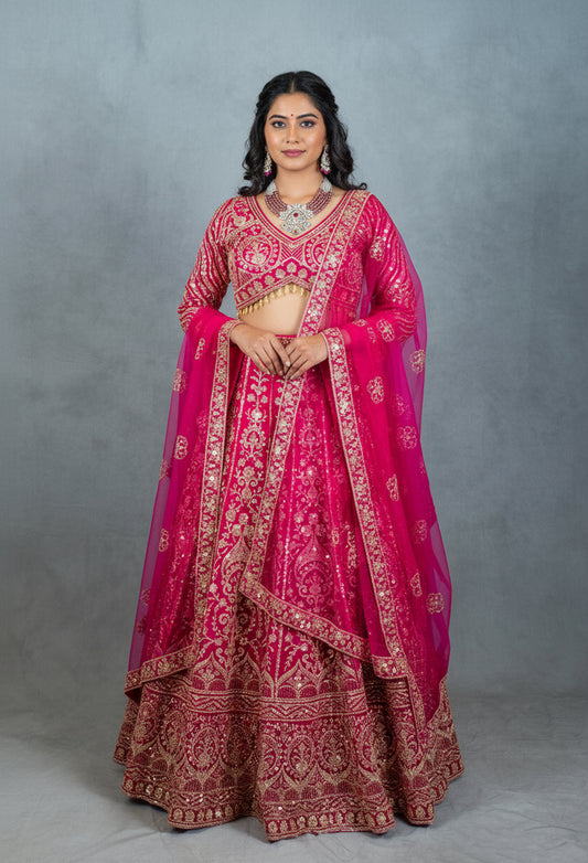 Hot Pink Heavily Embroidered Crop Top Lehenga Set with Mirror & Zari Work – Bridal & Festive Wear
