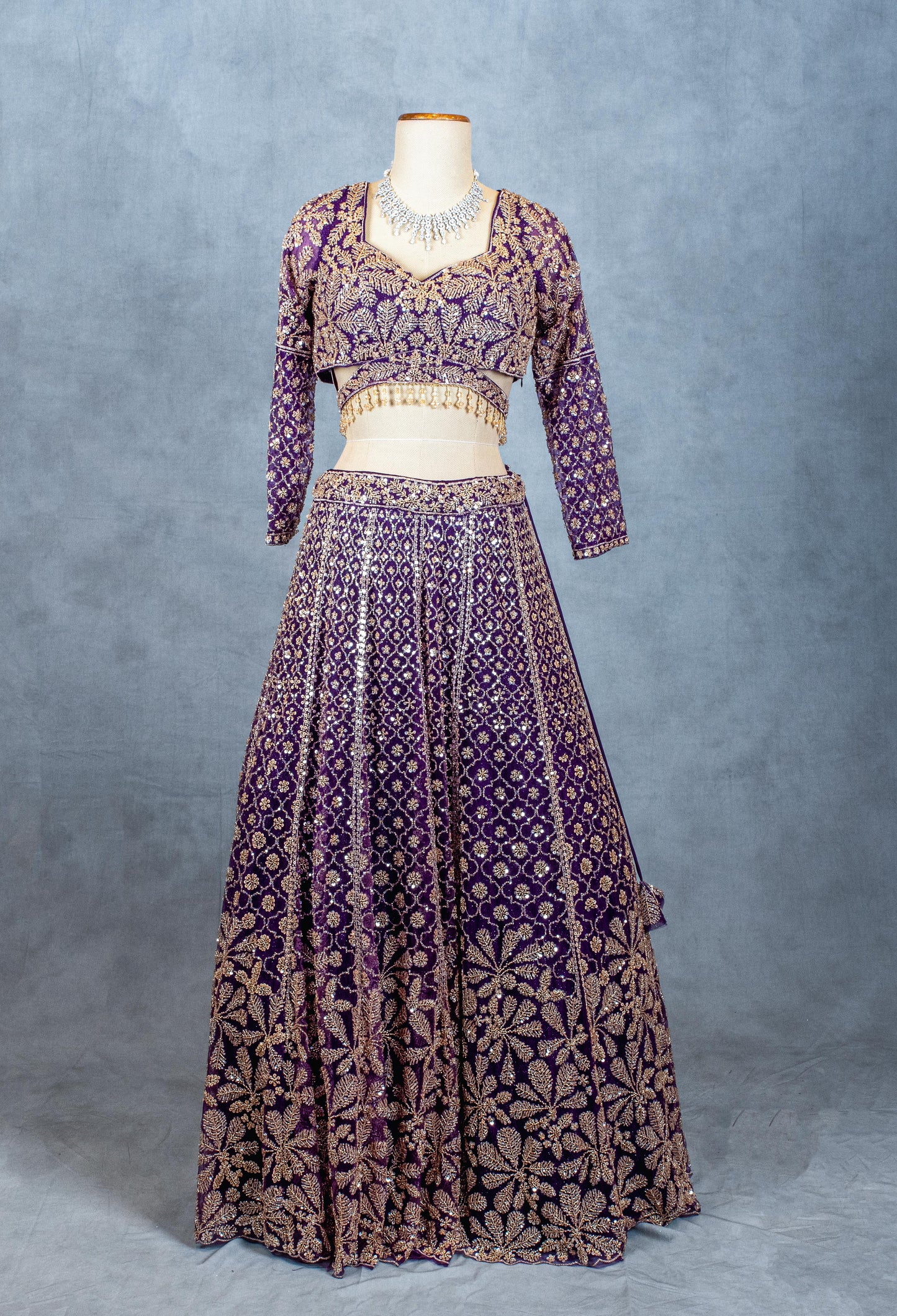 Elegant Purple Velvet Bridal Lehenga with Gold Embroidery – Designer Wedding Outfit