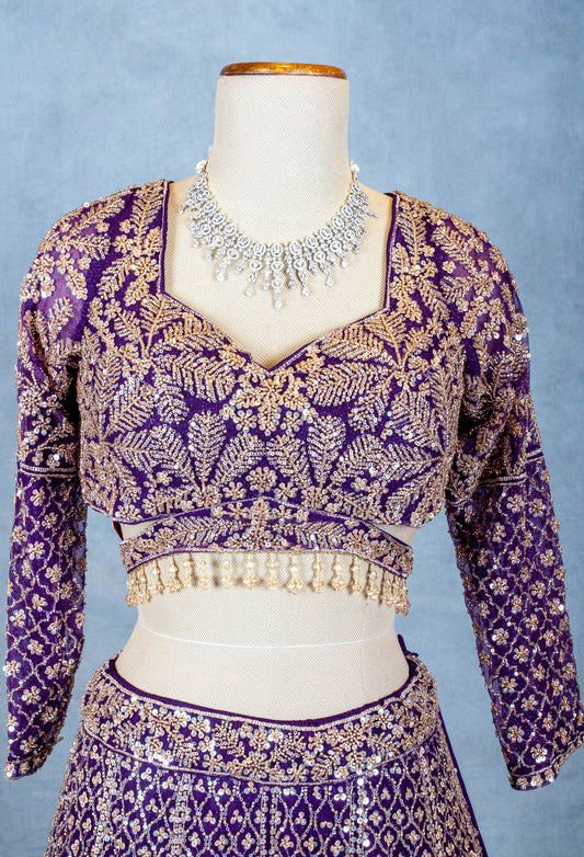 Royal purple embroidered lehenga choli with sequins and dupatta – product image 2