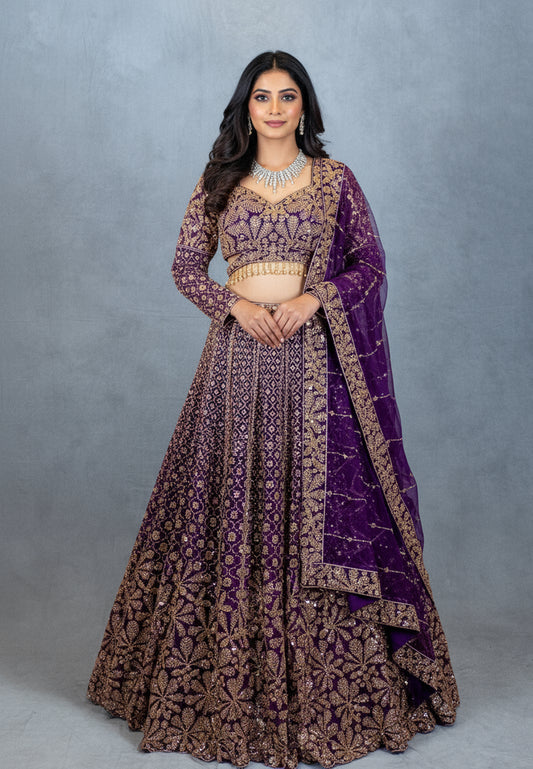 Elegant Purple Velvet Bridal Lehenga with Gold Embroidery – Designer Wedding Outfit
