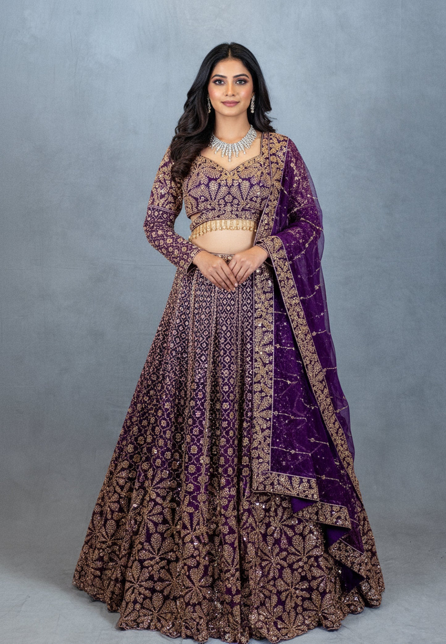 Purple | Embroidered Bridal Lehenga Choli with Zari & Sequin Work | 19