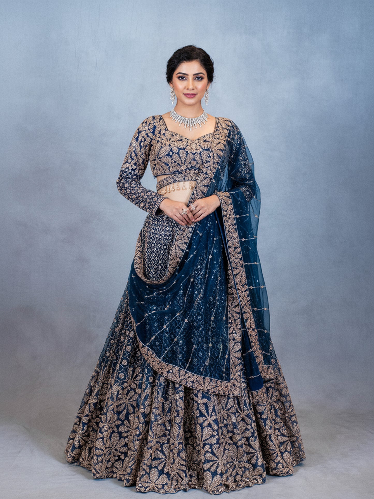 Teal Blue Embroidered Lehenga Choli with Zari & Sequin Work | Designer Reception & Sangeet Outfit