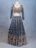 Teal Blue Embroidered Lehenga Choli with Zari & Sequin Work | Designer Reception & Sangeet Outfit