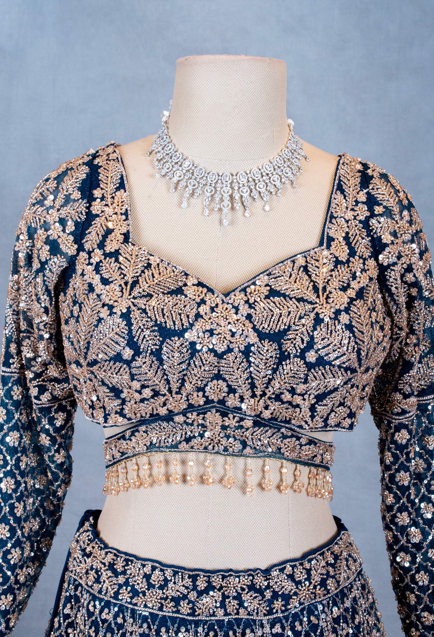 Teal Blue Embroidered Lehenga Choli with Zari & Sequin Work | Designer Reception & Sangeet Outfit