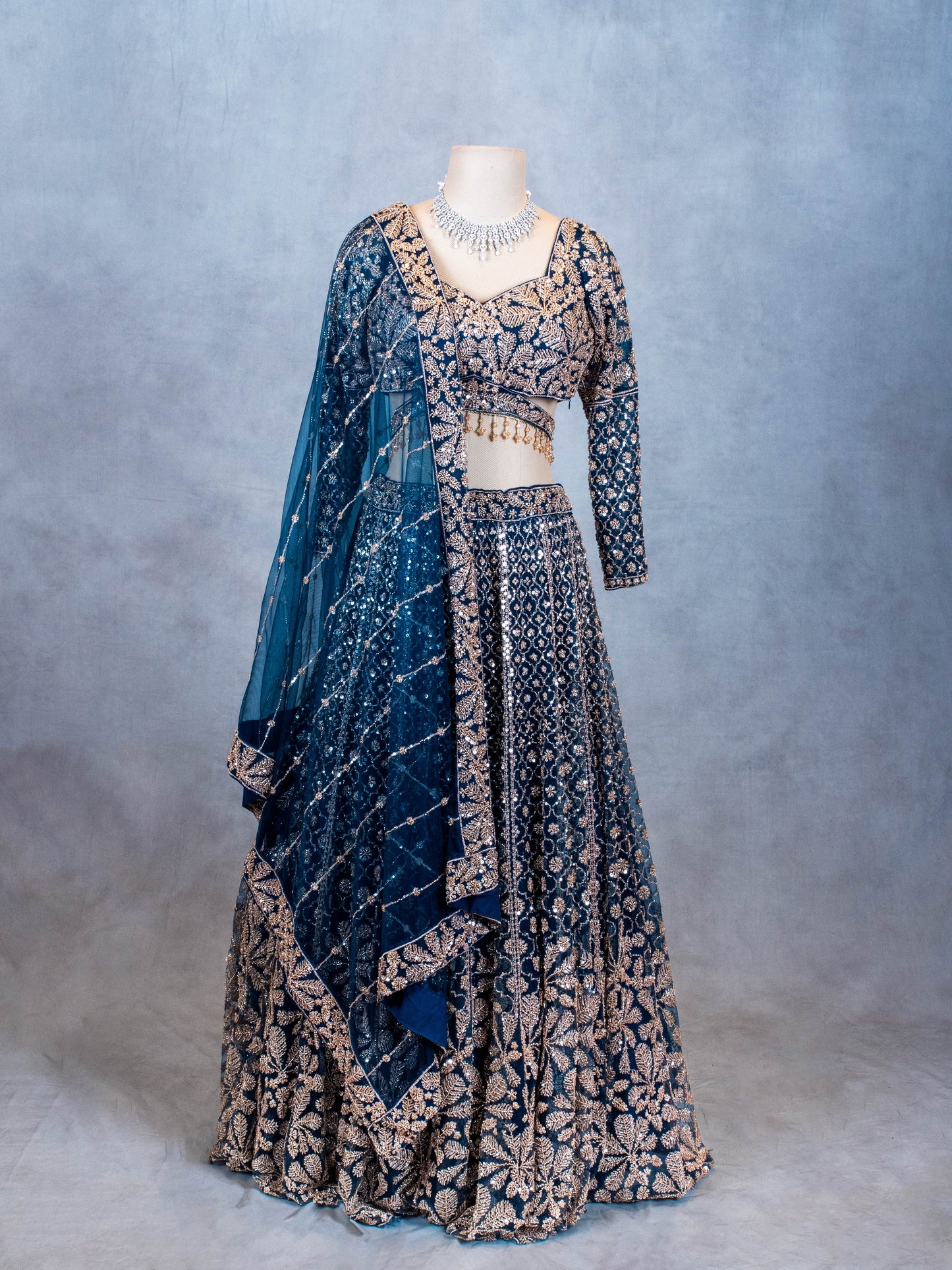 Teal Blue | Embroidered Bridal Lehenga Choli with Zari & Sequin Work | 2
