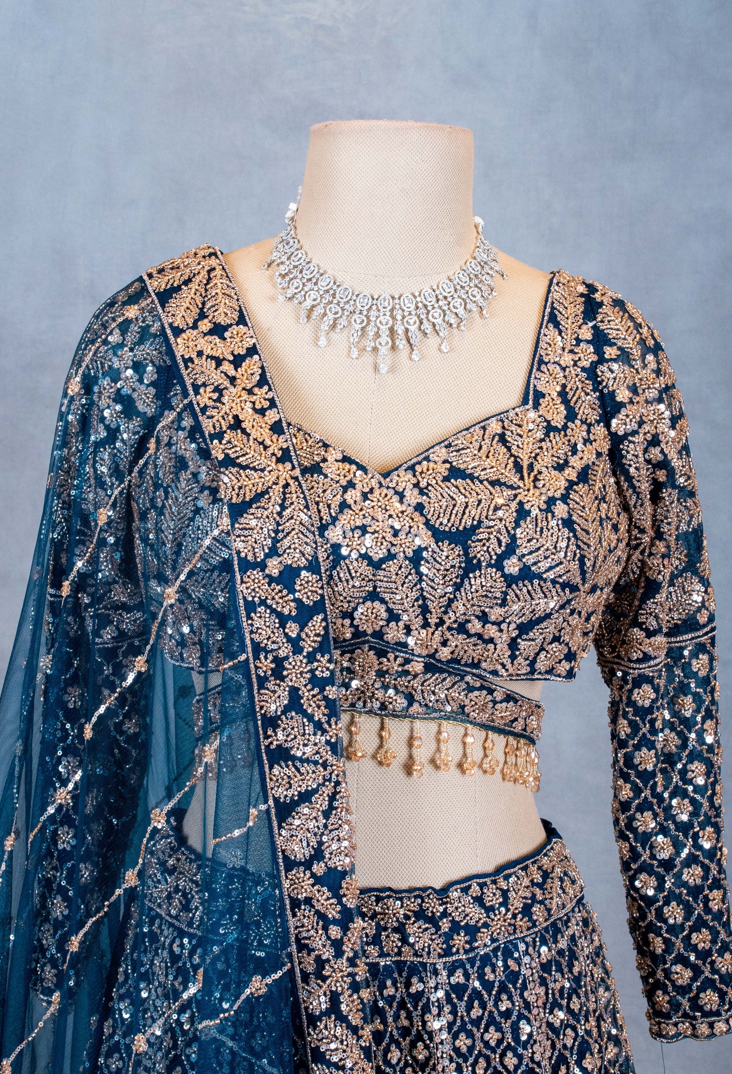 Teal Blue Embroidered Lehenga Choli with Zari & Sequin Work | Designer Reception & Sangeet Outfit