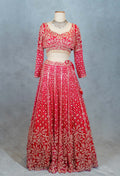 Red Designer Crop Top Lehenga with Heavy Gold Embroidery & Dupatta – Bridal & Festive Ensemble