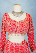 Red Designer Crop Top Lehenga with Heavy Gold Embroidery & Dupatta – Bridal & Festive Ensemble
