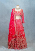 Red Designer Crop Top Lehenga with Heavy Gold Embroidery & Dupatta – Bridal & Festive Ensemble