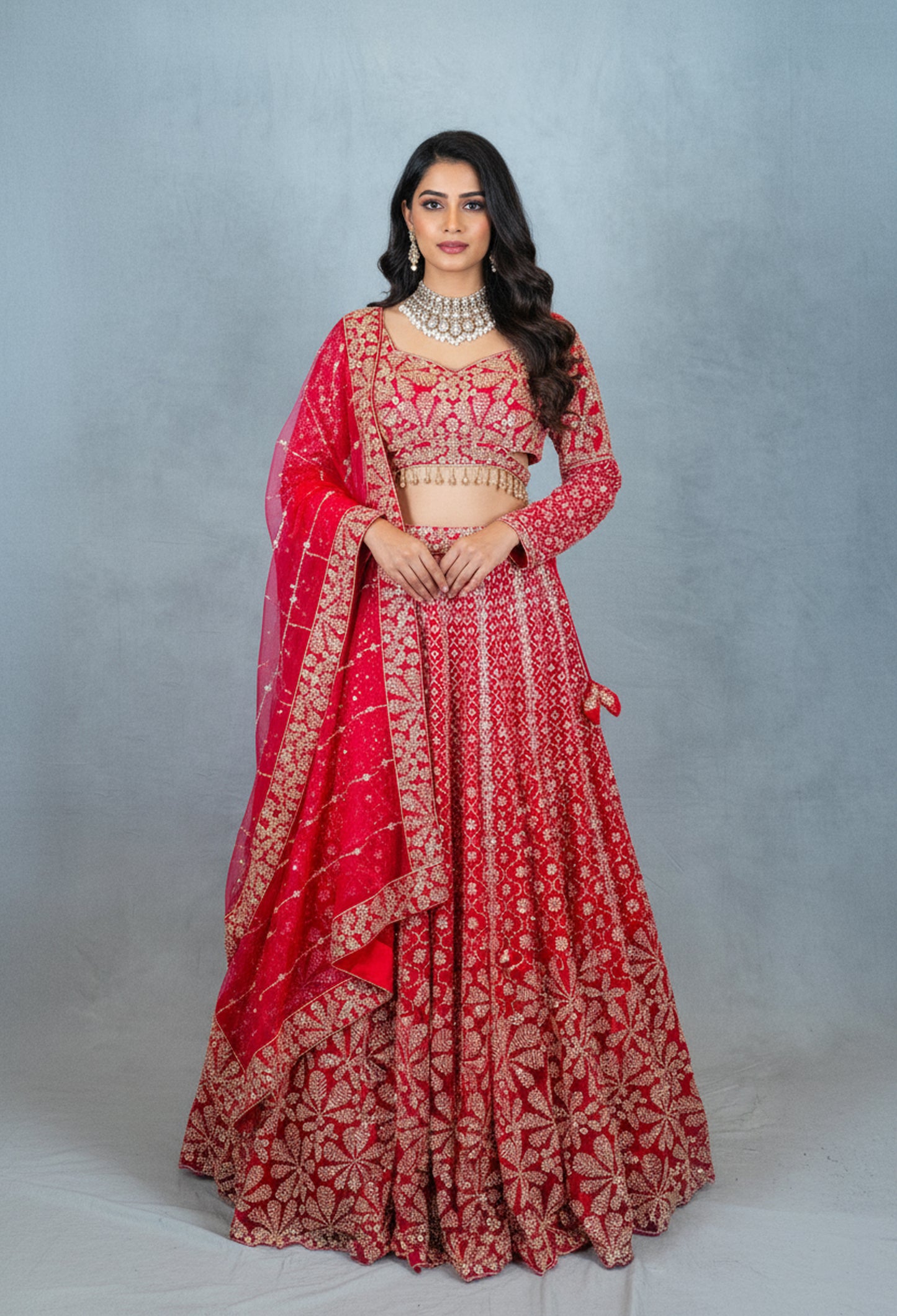 Red Designer Crop Top Lehenga with Heavy Gold Embroidery & Dupatta – Bridal & Festive Ensemble