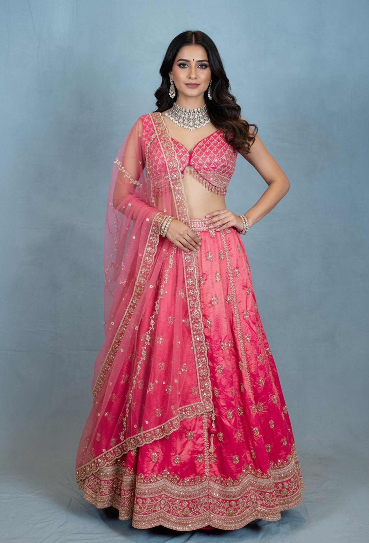 Elegant Pink Embroidered Lehenga Choli with Net Dupatta – Traditional Indian Ethnic Wear