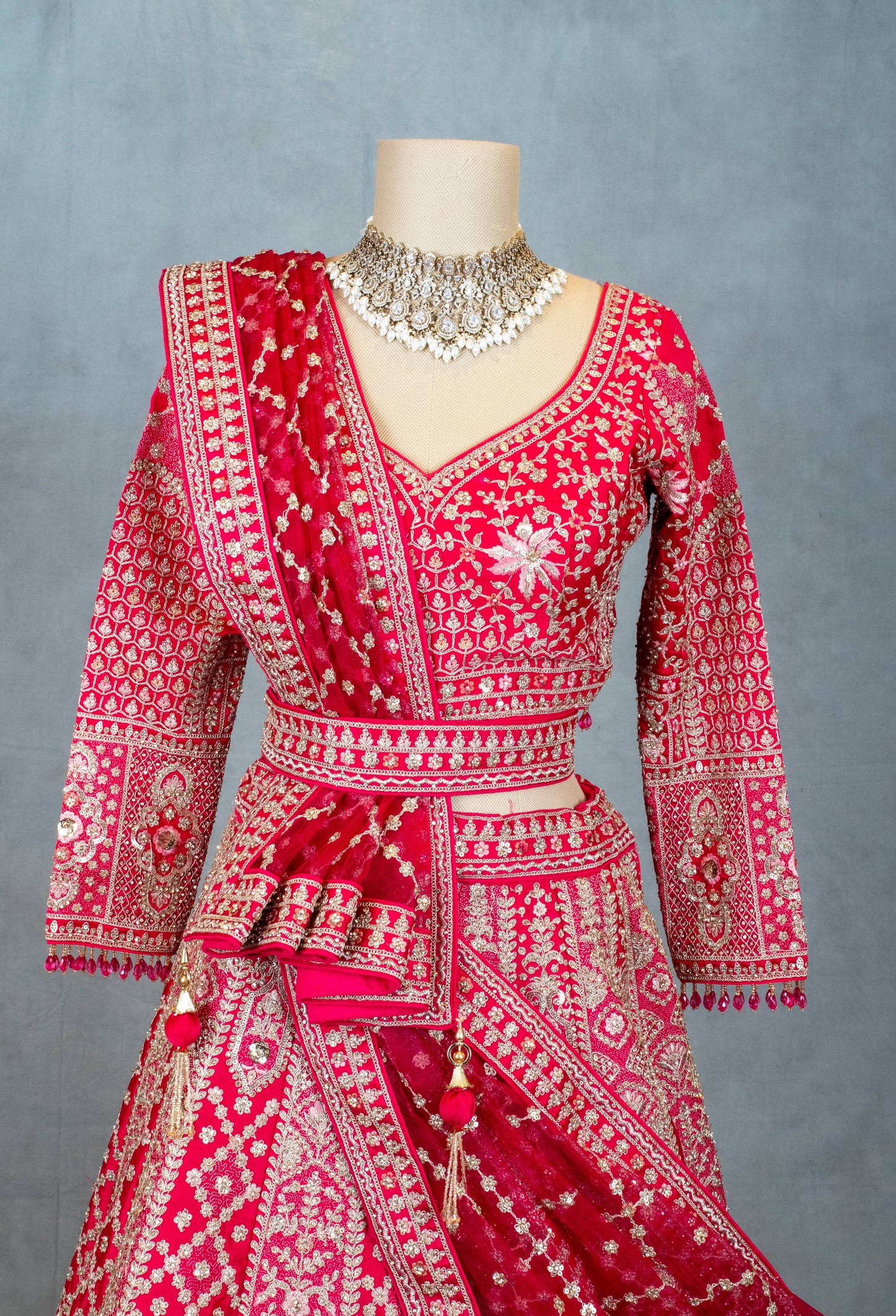 Elegant Red Embroidered Bridal Lehenga with Velvet Dupatta & Full Sleeve Blouse