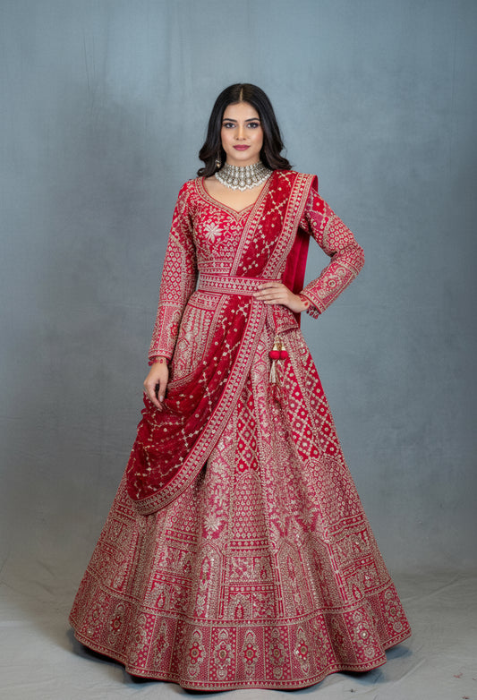 Elegant Red Embroidered Bridal Lehenga with Velvet Dupatta & Full Sleeve Blouse