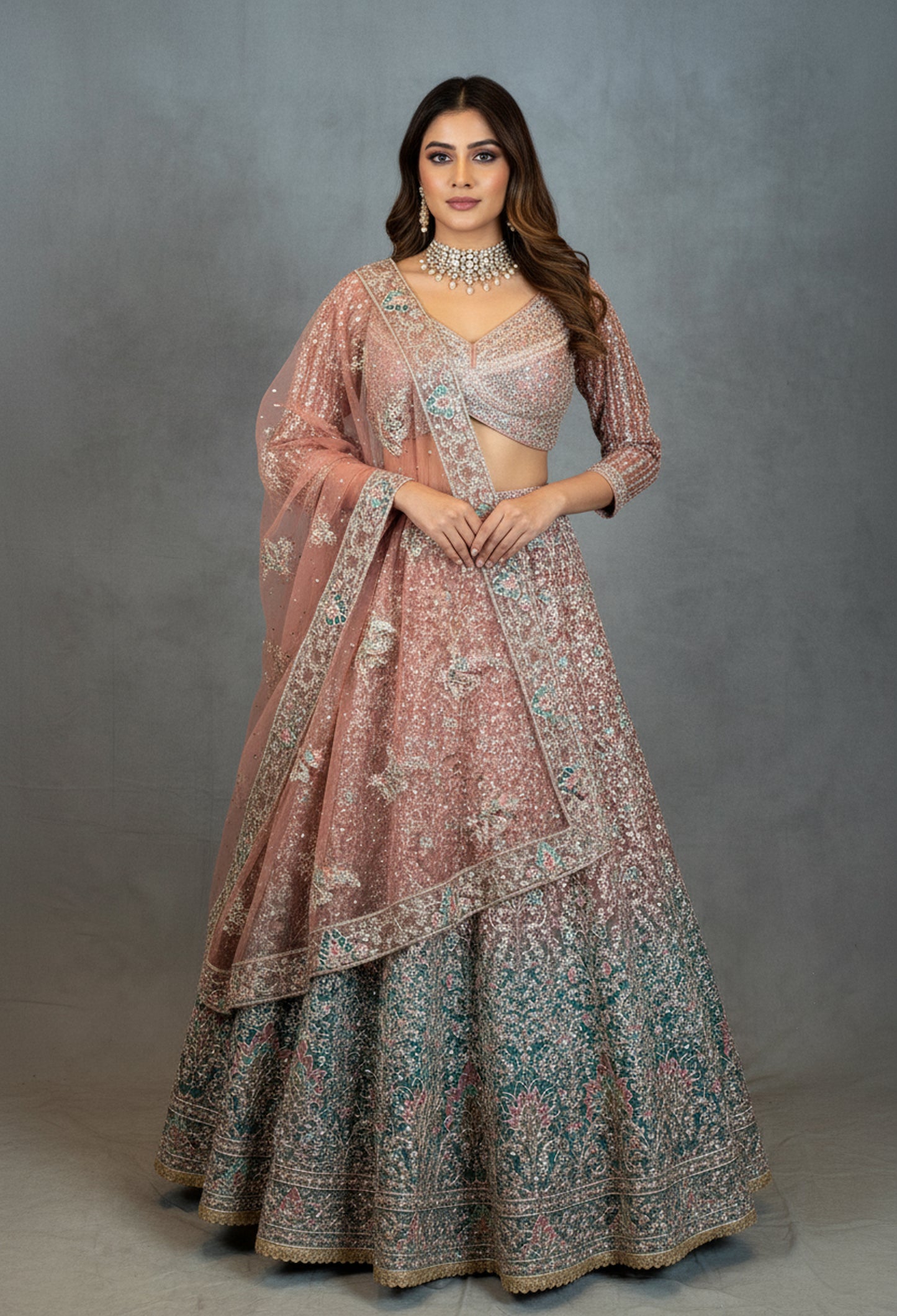 Designer Embroidered Pink & Teal Ombre Crop Top Lehenga with Dupatta – Bridal & Festive Wear