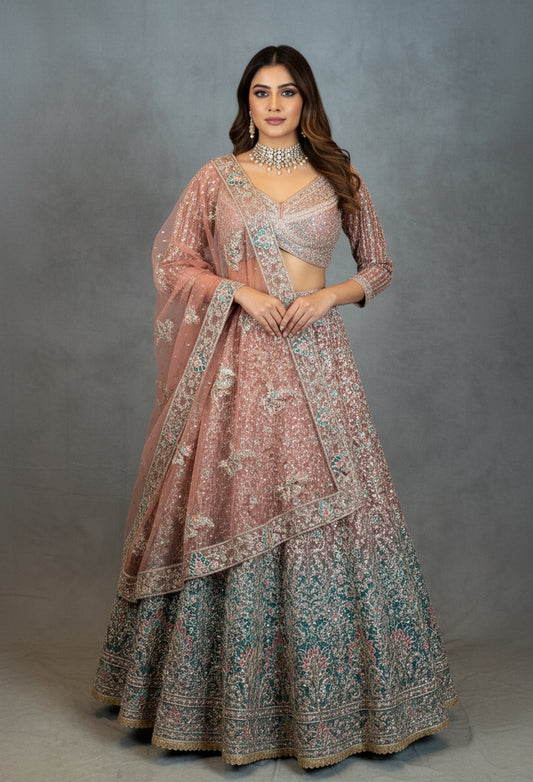 Designer Embroidered Pink & Teal Ombre Crop Top Lehenga with Dupatta – Bridal & Festive Wear