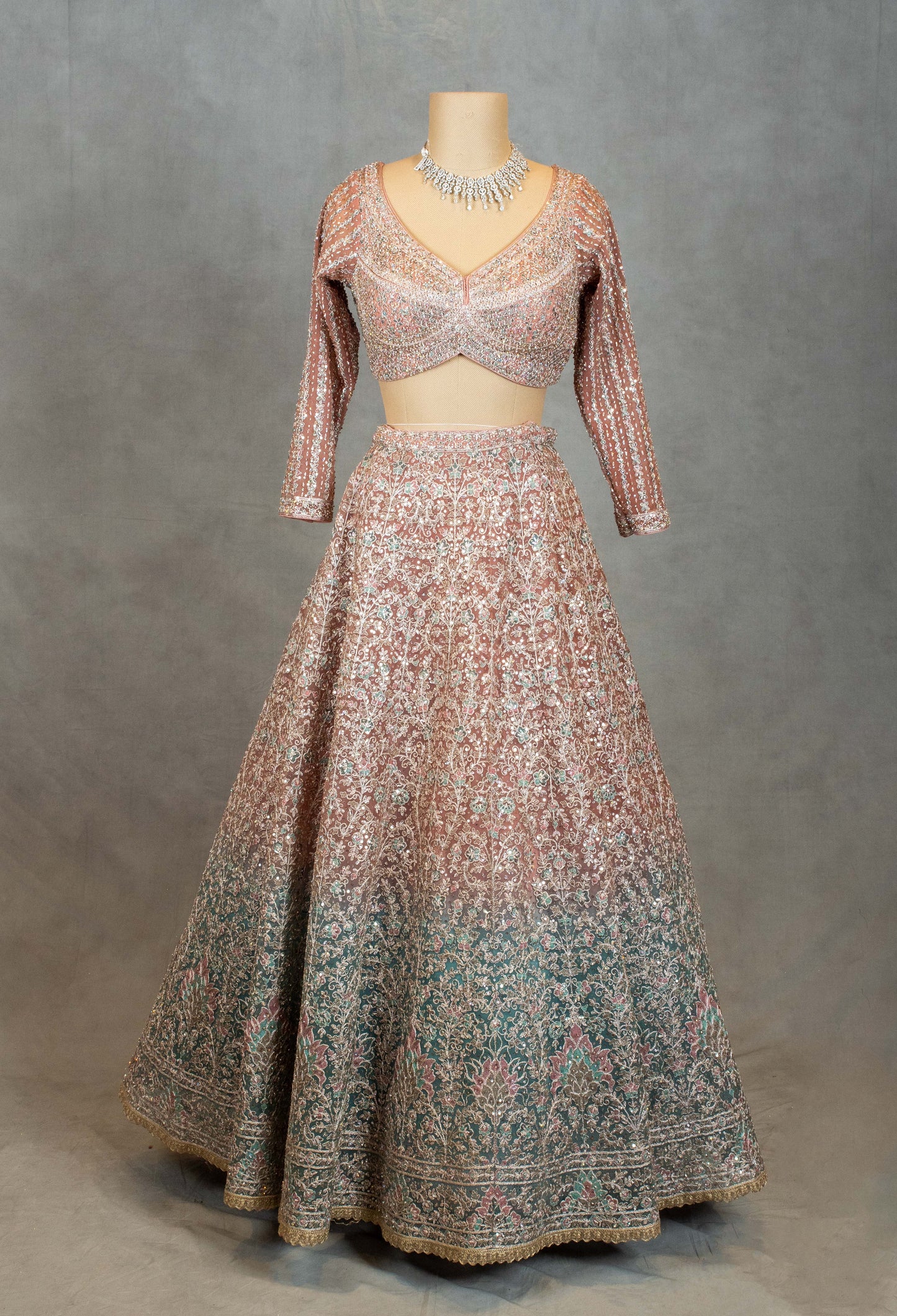 Designer Embroidered Pink & Teal Ombre Crop Top Lehenga with Dupatta – Bridal & Festive Wear