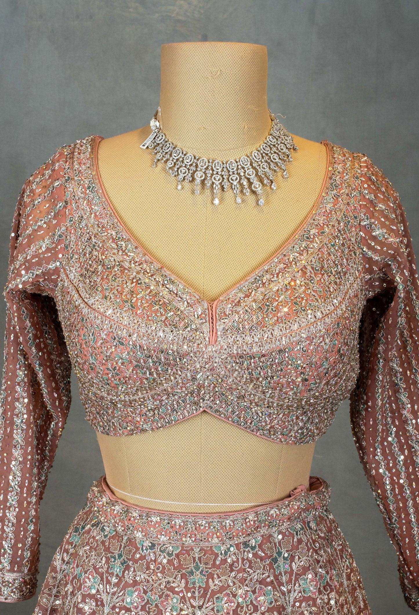 Designer Embroidered Pink & Teal Ombre Crop Top Lehenga with Dupatta – Bridal & Festive Wear