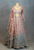 Designer Embroidered Pink & Teal Ombre Crop Top Lehenga with Dupatta – Bridal & Festive Wear