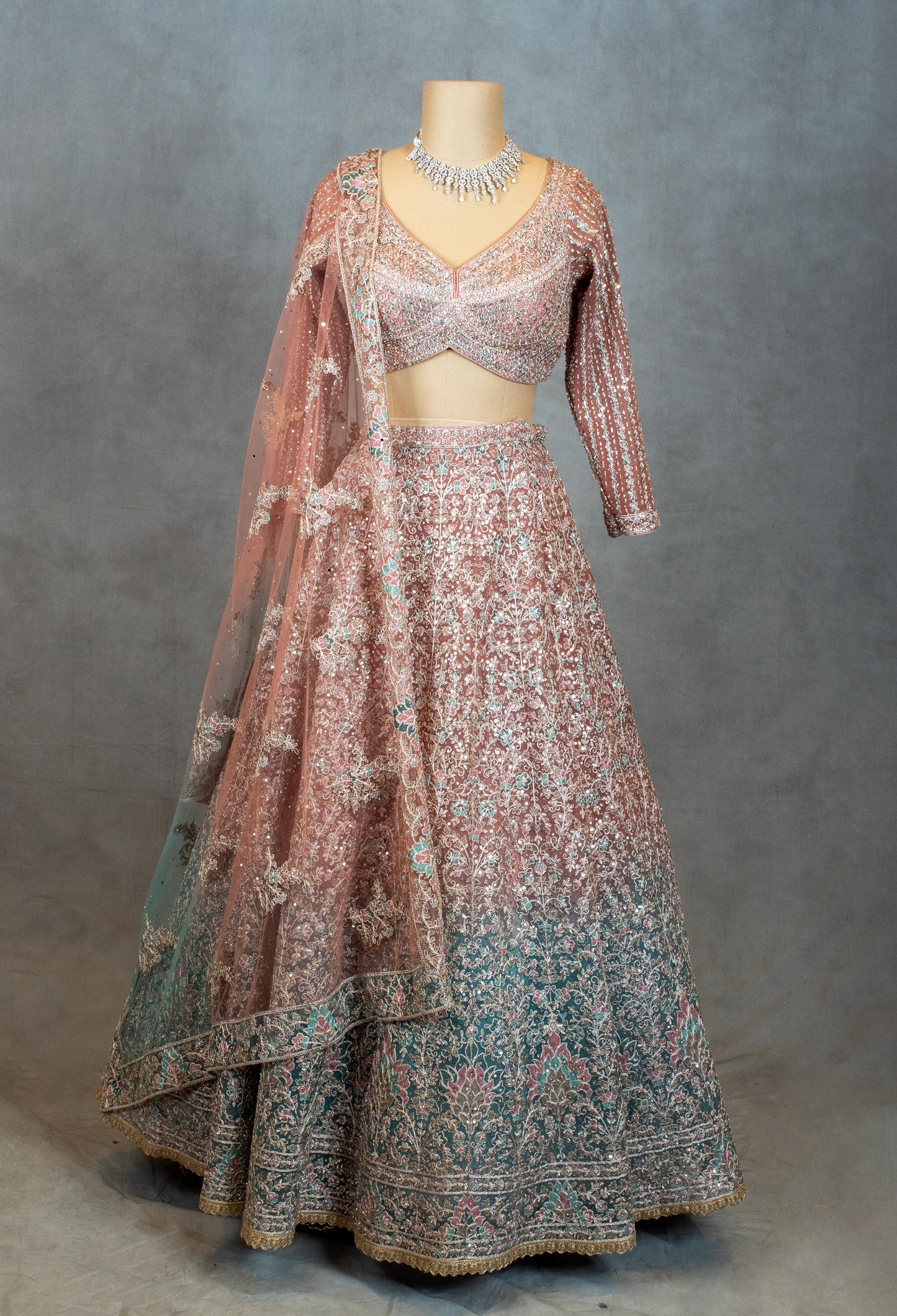 Designer Embroidered Pink & Teal Ombre Crop Top Lehenga with Dupatta – Bridal & Festive Wear