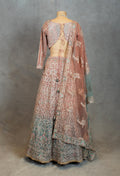 Designer Embroidered Pink & Teal Ombre Crop Top Lehenga with Dupatta – Bridal & Festive Wear