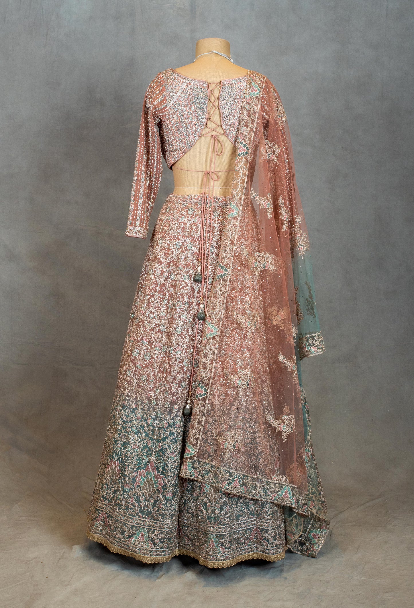 Designer Embroidered Pink & Teal Ombre Crop Top Lehenga with Dupatta – Bridal & Festive Wear