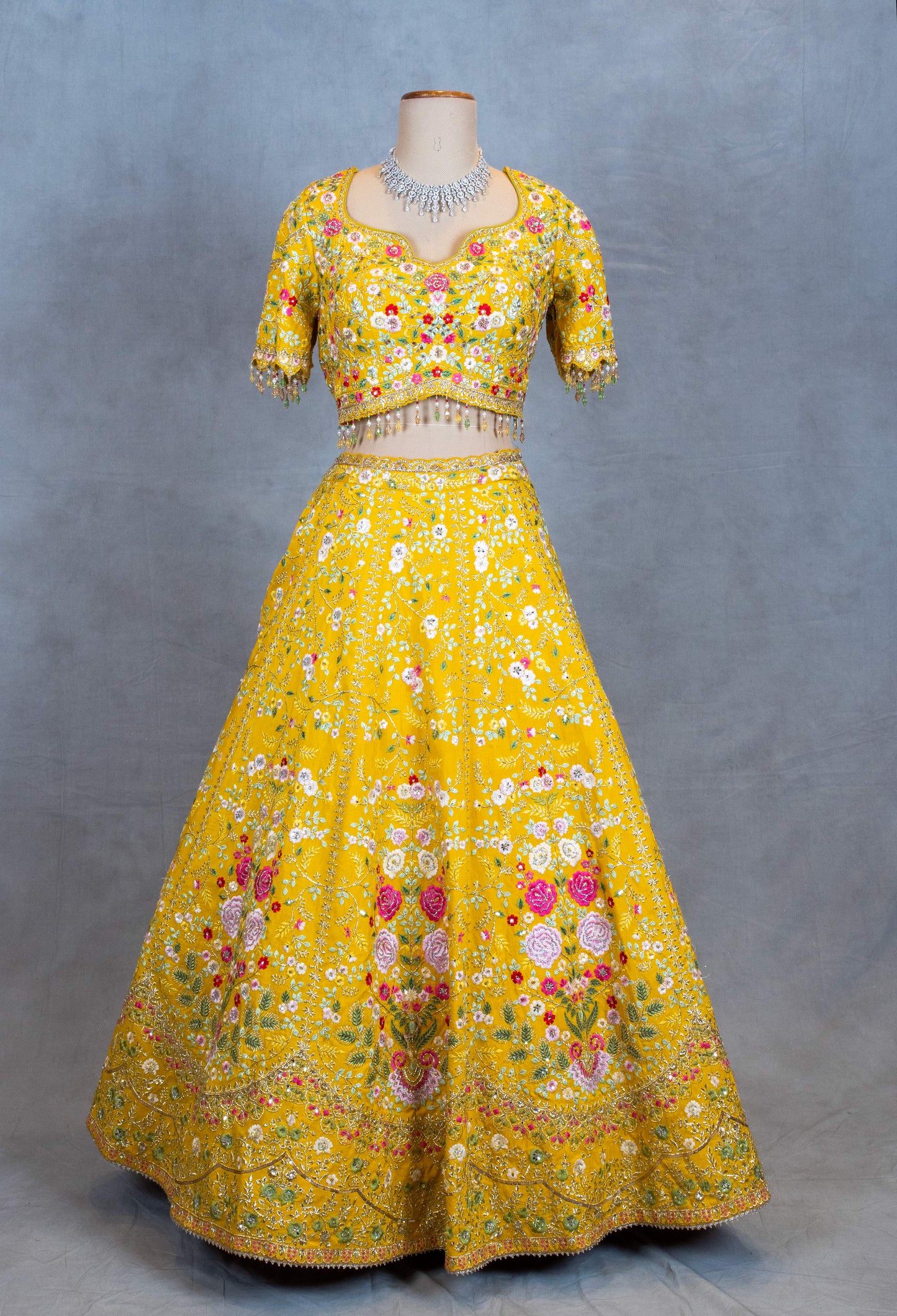 Elegant Yellow Floral Embroidered Lehenga Choli with Green Dupatta | Traditional Indian Ethnic Wear