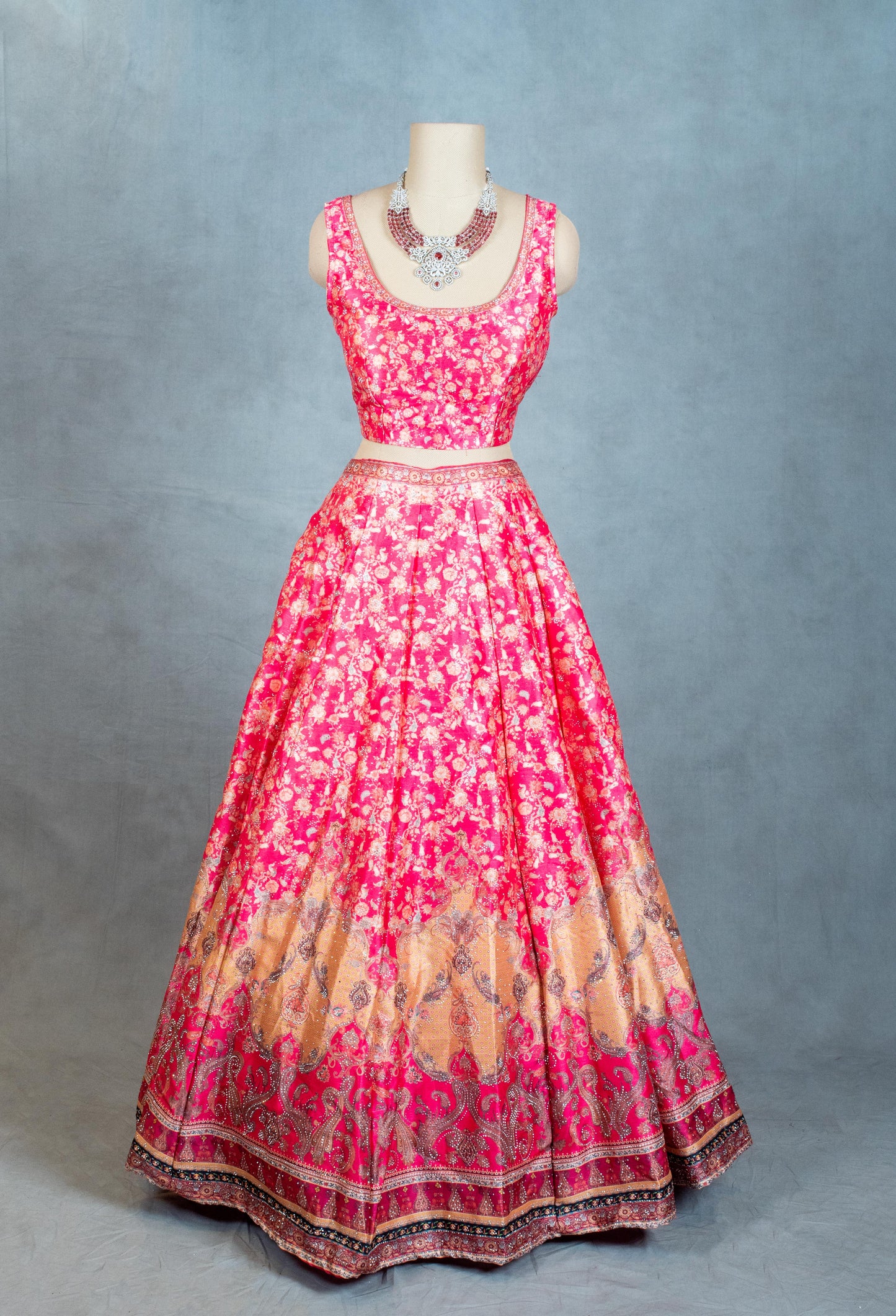 Traditional Pink & Gold Banarasi Silk Crop Top Lehenga Set with Net Dupatta – Festive & Wedding Wear