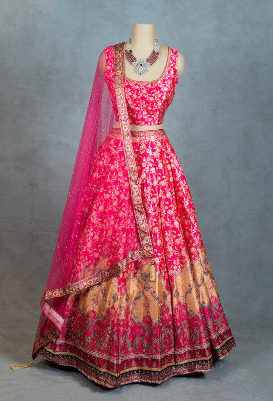 Pink and gold Banarasi silk lehenga set with net dupatta – product image 2