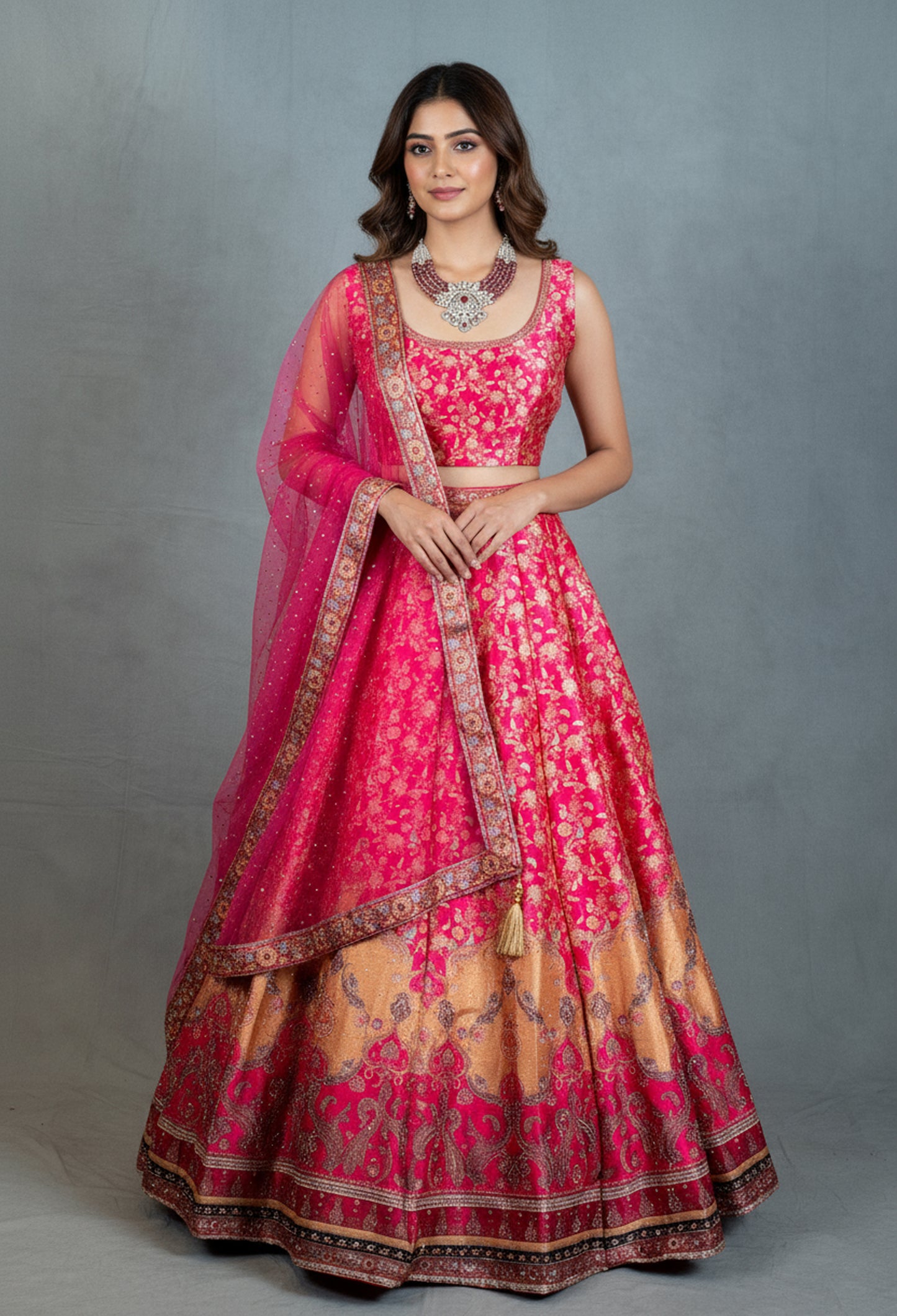 Traditional Pink & Gold Banarasi Silk Crop Top Lehenga Set with Net Dupatta – Festive & Wedding Wear
