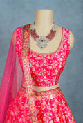 Traditional Pink & Gold Banarasi Silk Crop Top Lehenga Set with Net Dupatta – Festive & Wedding Wear